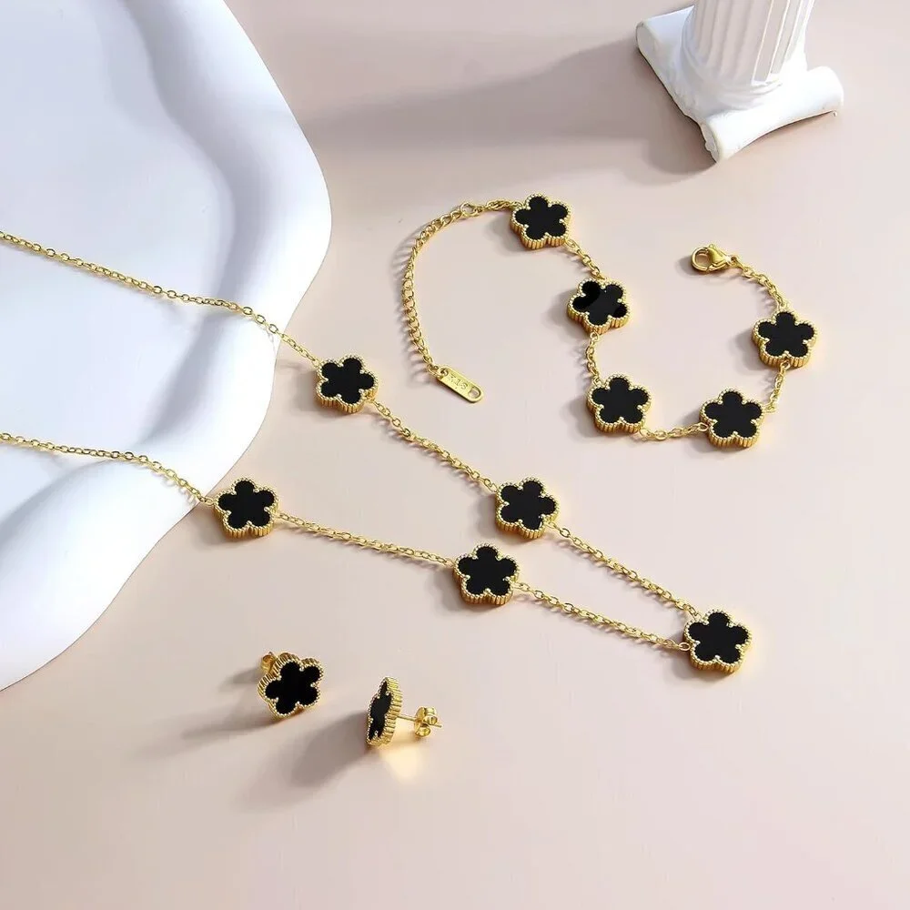 Lucky Clover Jewelry Set Stainless Steel 18K Gold Plated Gift for Women